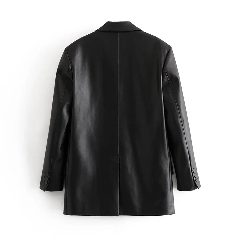 Jacket Winter Autumn Ladies Korean Blazer 2023 New ZA Elegant Black PU Blazer Women Casual Long Sleeve Single Button Office Suit