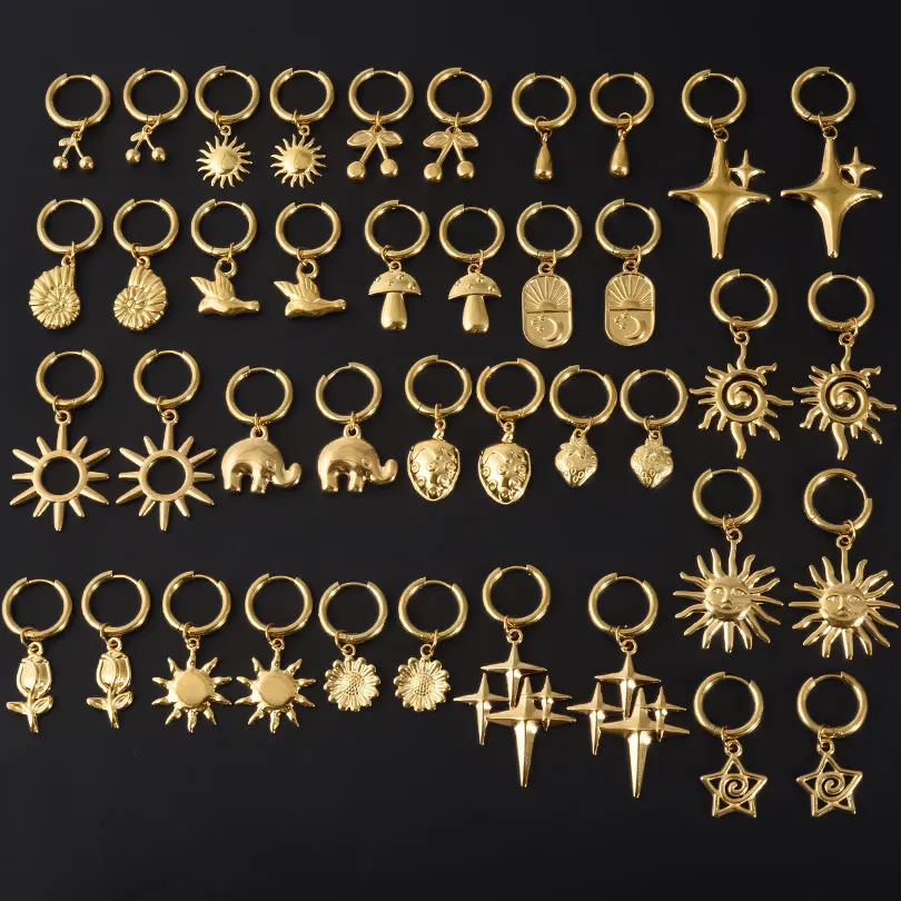 Gold Color Different Style Round Hoops Earring Spiral Star Tulip Strawberry Jewelry Stainless Steel Earrings For Women Men Gift