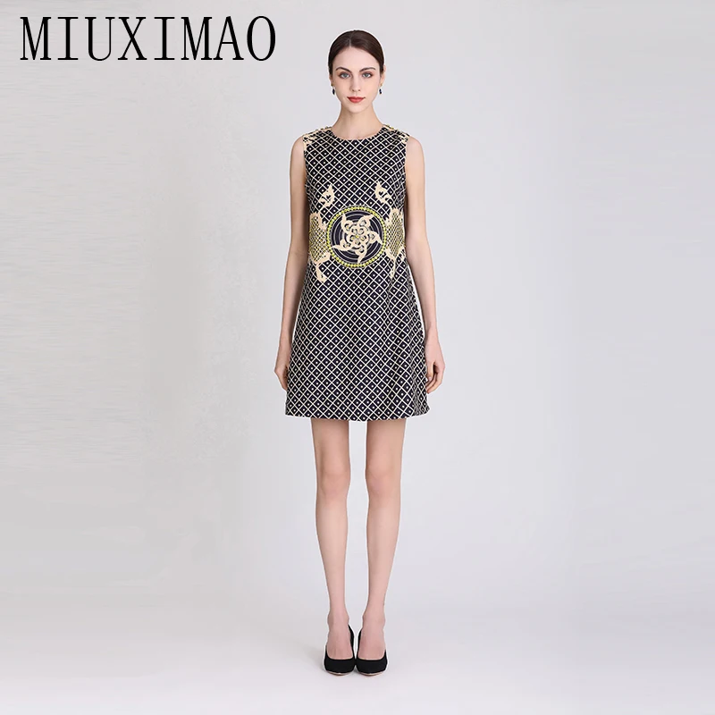 

MIUXIMAO 2023 High Quality Spring&Summer Elegant Dress Sleeveless O-Neck Jacquard Diamonds Fashion Mini Dress Women Vestide