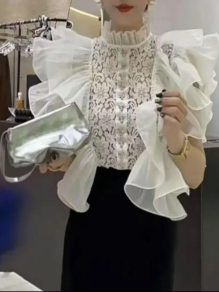 

Роскошная французская рубашка с воротником-стойкой и рюшами для женщин, летняя новая стильная стильная кружевная лоскутная рубашка, 2024, шикарная блузка с рюшами