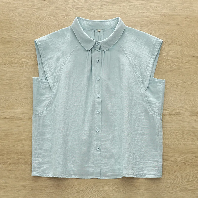 ใหม่2025ฤดูร้อนผ้าฝ้ายเส้นด้ายเสื้อแขนกุดผู้หญิงTurn-Down Collar Solid, Moriสาวนุ่มเดินทางเสื้อหลวมๆสบายๆt54713CC