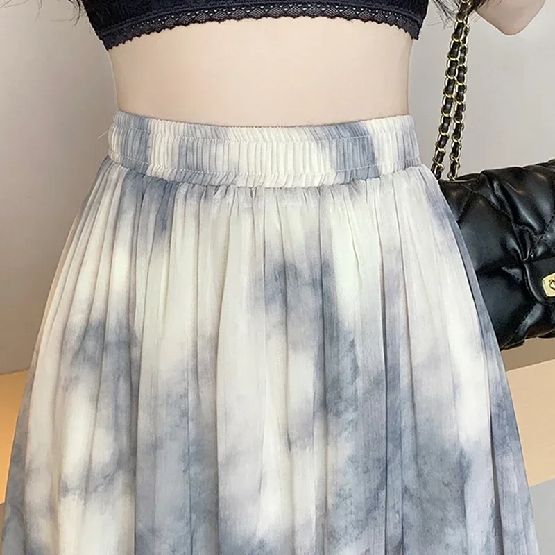 여름 쉬폰 라인 스커트 여성 2025 빈티지 한국 패션 Y2k 의류 높은 허리 Faldas 캐주얼 탄성 긴 Pleated 스커트