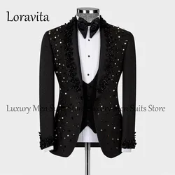 Luxury Diamond Beaded Shawl Lapel 3 Pieces Men Suits Single Breasted Velvet Wedding Groom Dinner Party Male Prom Blazers