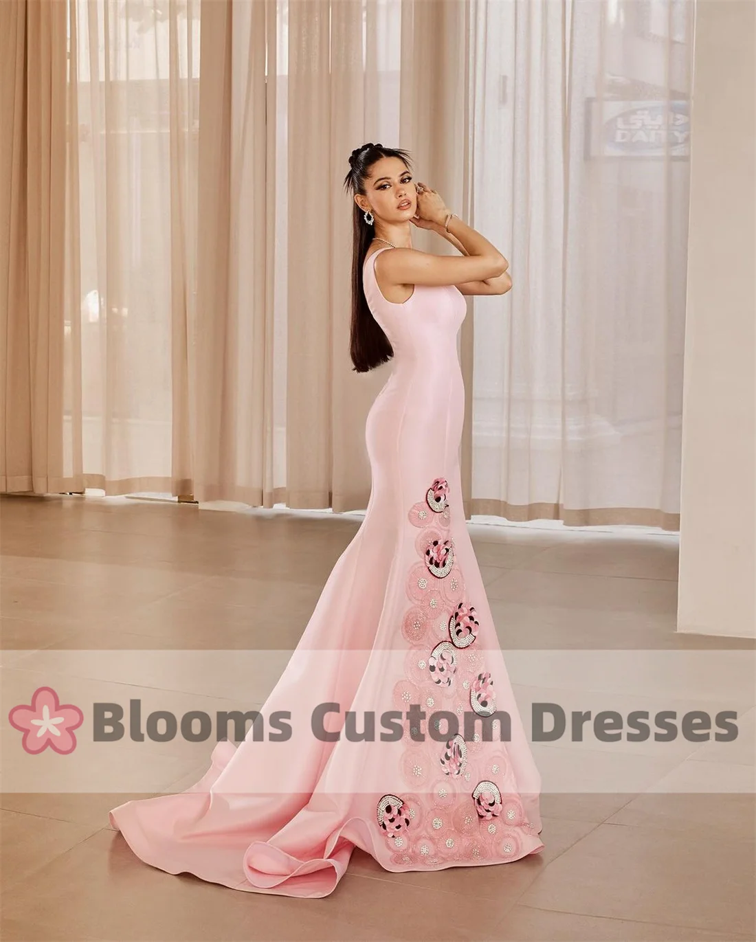 Vestido de noche de satén rosa para mujer, traje de sirena con cuello cuadrado y cuentas redondas, precioso vestido de fiesta para ocasiones formales, vestido de graduación saudí 2024