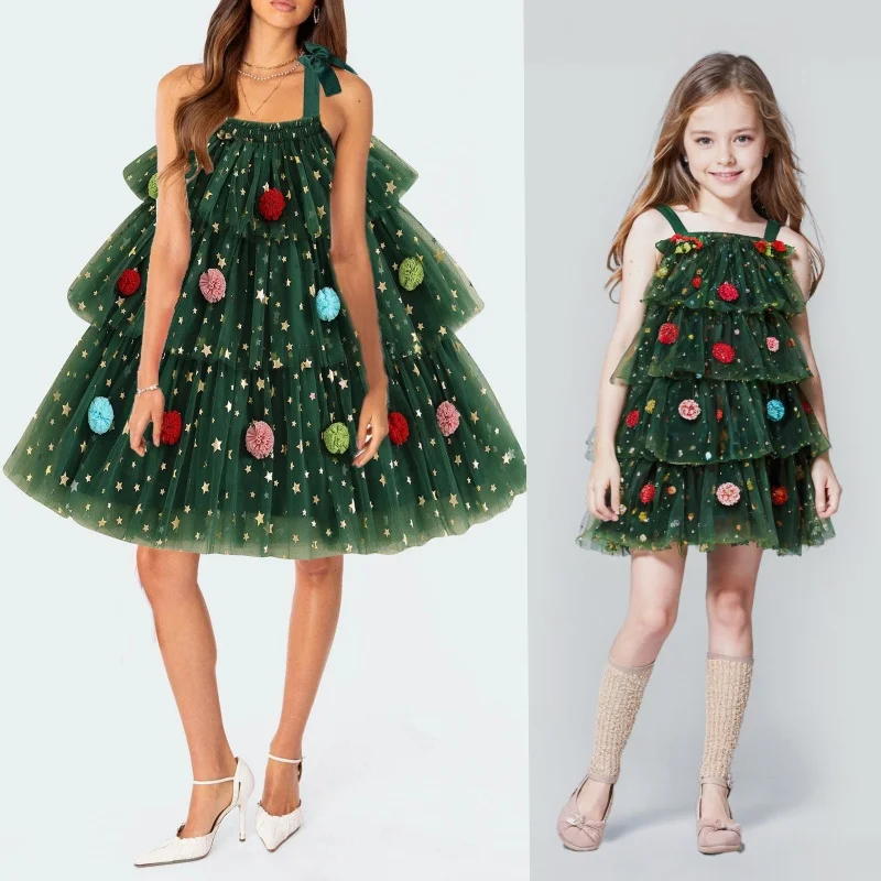 Mommy and Me Christmas Tree Dress Sleeveless Sequin Layered Tulle Tutu Dress Christmas Xmas Tree Festive Birthday Party Dresses