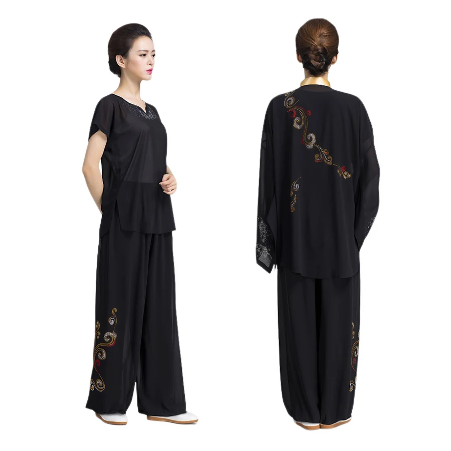 3 pezzi chiffon donne arti marziali Tai Chi Wushu uniformi stile cinese giacca + camicia + mutanda esercizio meditazione Wing Chun Kungfu Set