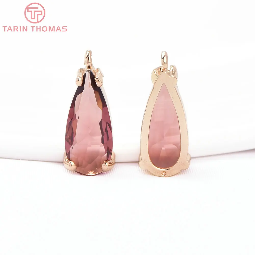 (8371) 6PCS 7.5x18.5MM 24K Gold Color Brass with Glass Water Drop Shaped Pendants High Quality Diy Jewelry Making Findings