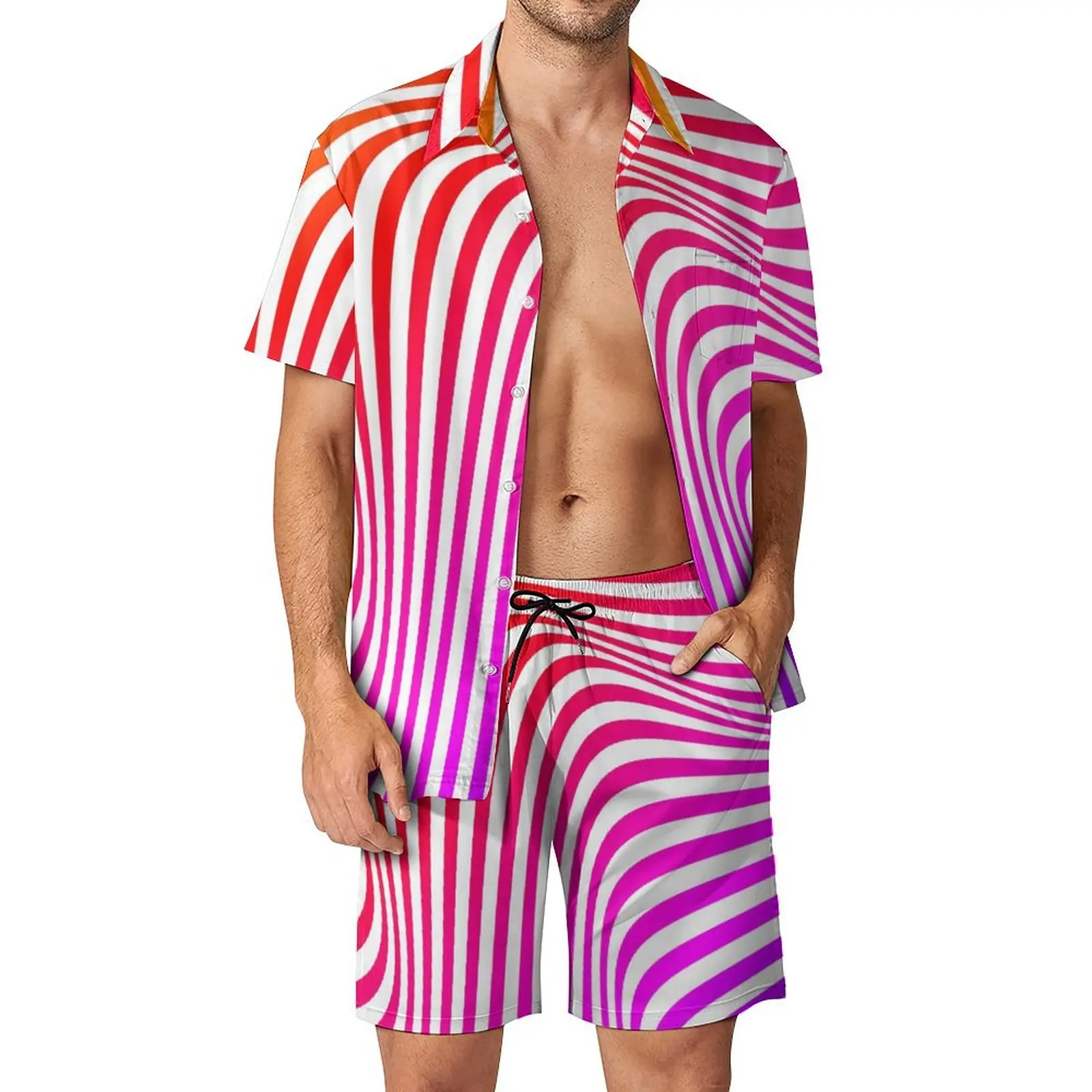 Red Black Striped 3D Print Men Shirt Sets Short Sleeve Shirt Oversized Casual Beach Shorts Streetwear Hawaiian Suits Clothes