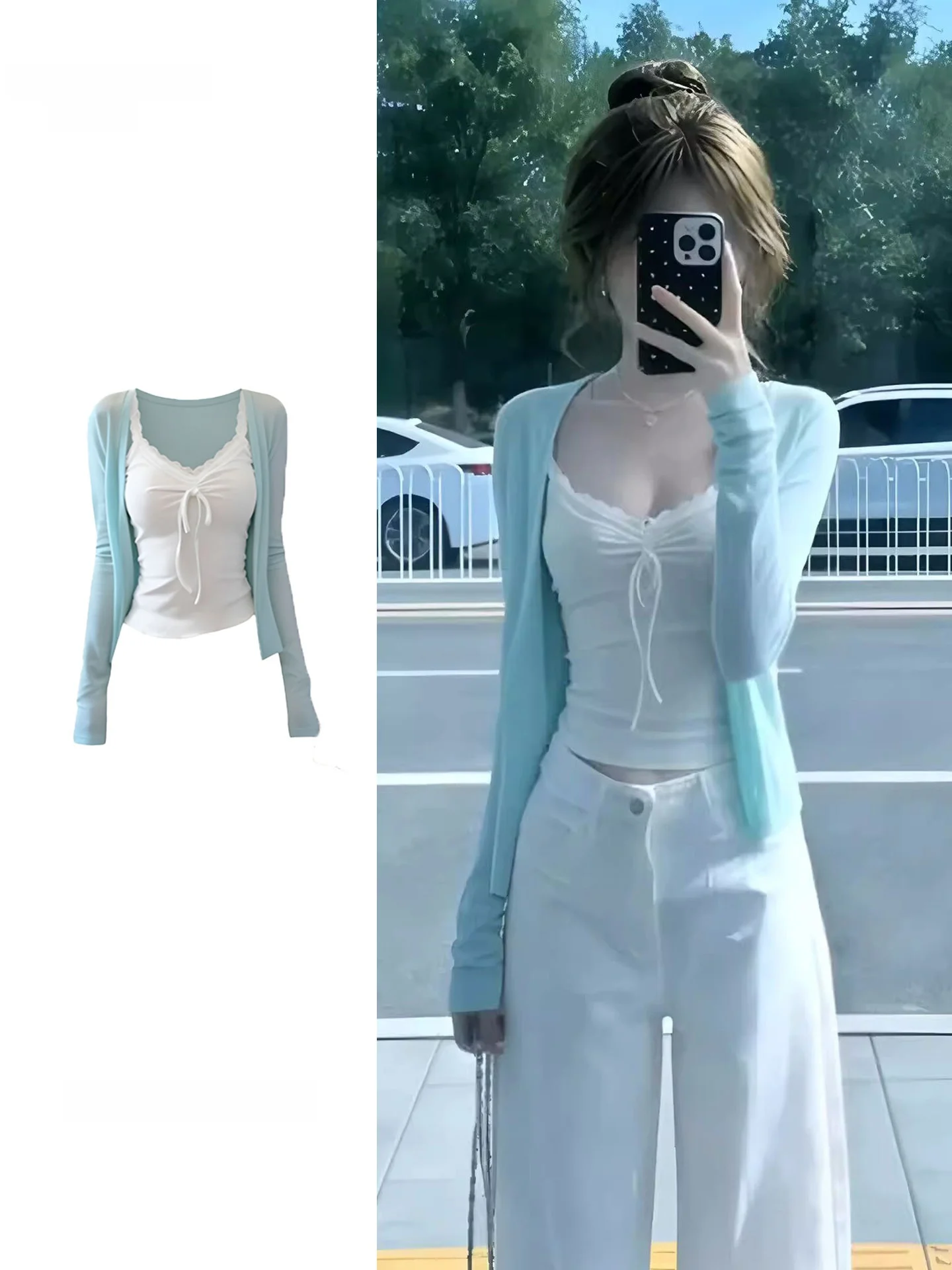 Summer New Style White Strap Vest And Long Sleeve Cardigan Two-Piece Set for Plump Sister Gentle Fashion Women's Clothing