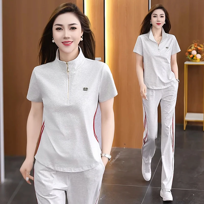 

Модный цветной спортивный костюм с воротником-стойкой для женщин, летний новый повседневный комплект из двух предметов с эффектом омоложения, футболка с коротким рукавом