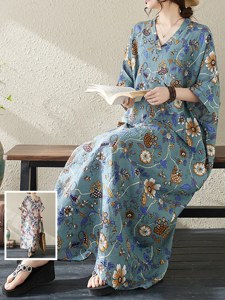 

Summer Fashion Print Short Sleeve Dress V-Neck Slimming Hip Covering Large Size Women's Dress Retro Commute Style Long Dress