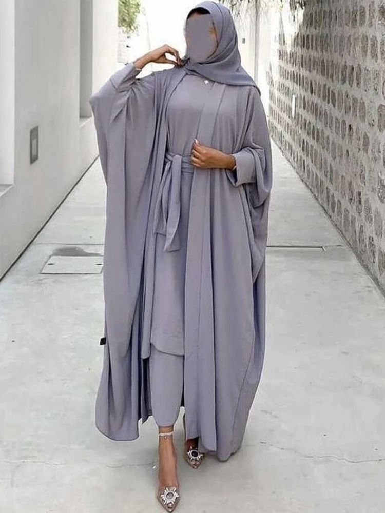 Dubai 2 Piece Muslim Woman Set Batwing Kimono&Tiered Long Dress Islamic Clothing Saudi Abaya Ramadan Eid Turkish Matching Outfit