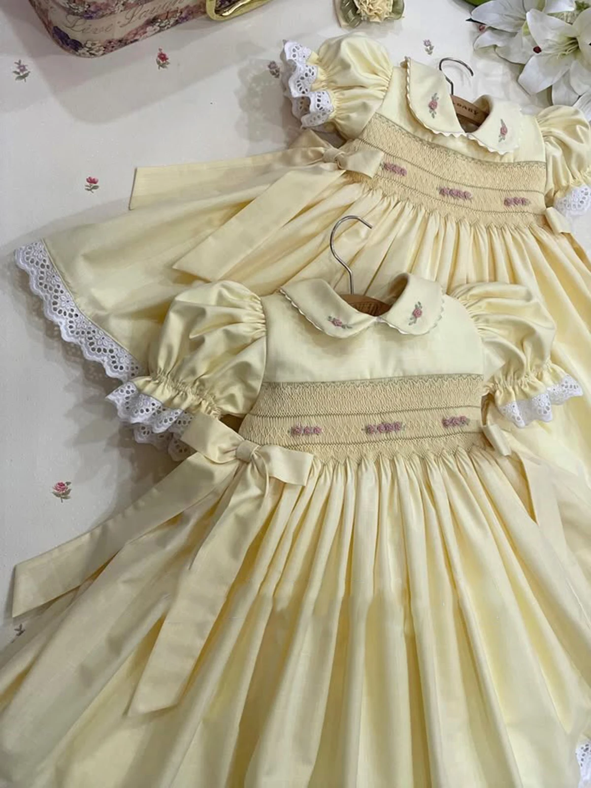Summer Girl Sweet Handmade Embroidery Flower Double Bow Yellow Smoked Dress for Casual Party Birthday Wedding Photography A428