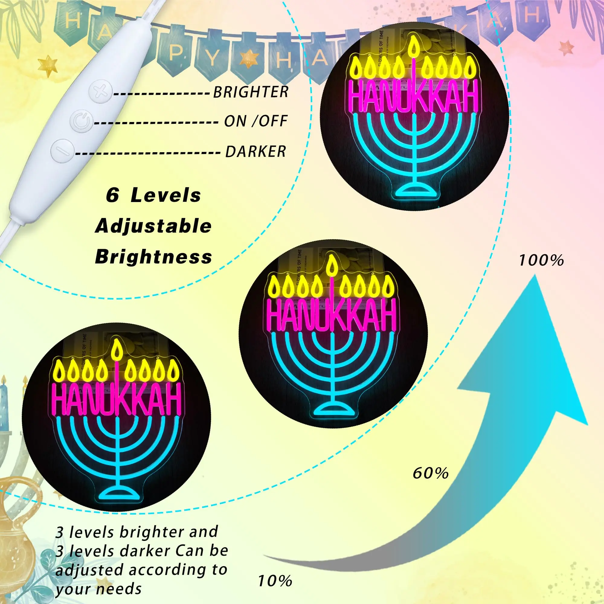 Hanukkah sinal de néon para decoração de parede com interruptor regulável alimentado por usb menor led light up sinal para presentes de casa de férias judaicas
