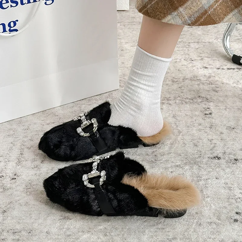 Crystal Luxury Fur Cotton Slippers Women Mules Shoes Winter New Fashion Warm Flip Flops 2024 Trend Casual Soft Sole Cozy Zapatos