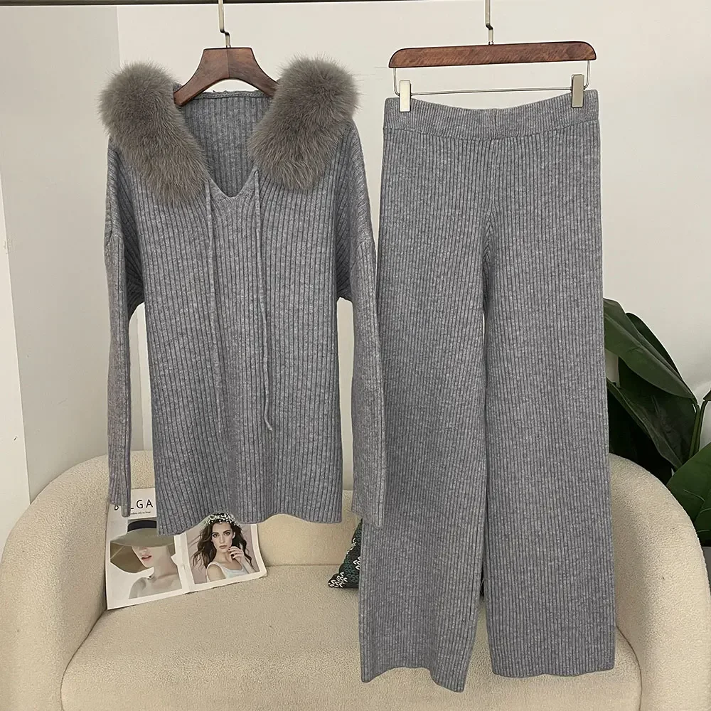 OFTBUY Sweater Women Knitwear Knitted Set Spring Autumn Real Fox Fur Sweater Fashion Natural Fur Cuffs Long Pants Knitted Suit