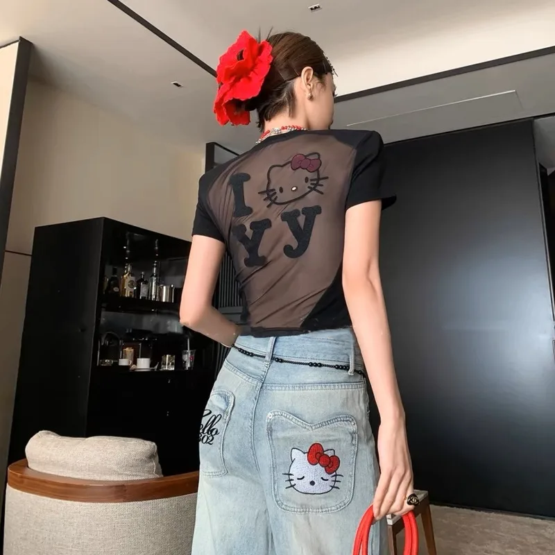 Miniso Hellokitty Backless Sexy T-shirts Mesh See Through Black Tees Girls Slim Y2k Harajuku Crop Tops Short Shirts For Women