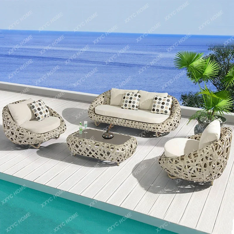 Courtyard Rattan Sofa Combination Nordic Style Living Room Terrace Sun Room Swimming Pool Double Rattan Furniture