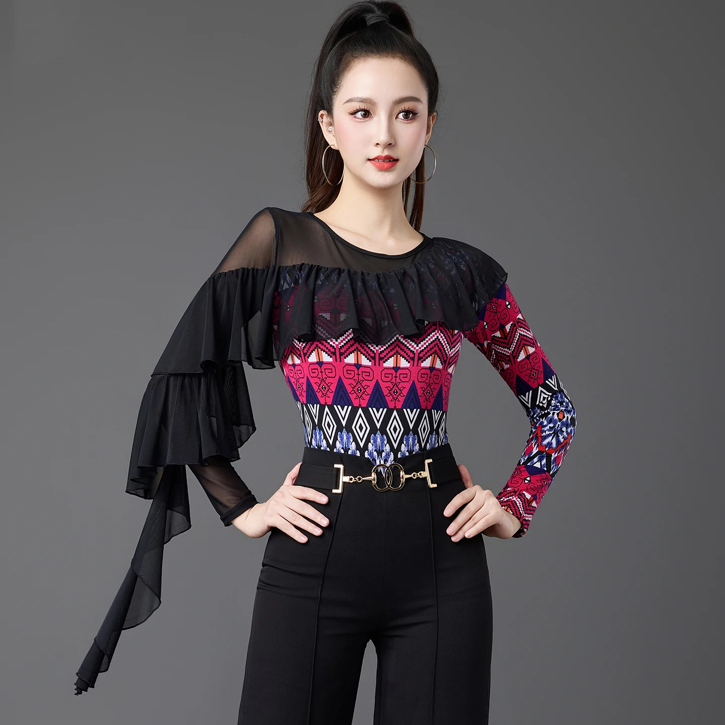 Neue Frauen Kleidung Drucken Mesh Rüschen Overall Latin Dance Top Nationalen Standard Chacha Rumba Tango Modern Dance Kostüme DQL12404