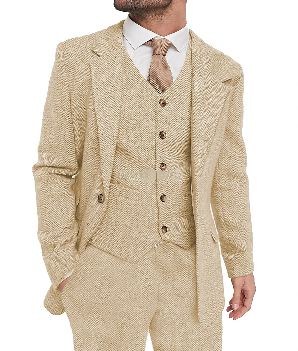 Customized Men's 3 Piece Tweed Suit Notched Lapel Herringbone Blazer Vest And Pants Set for Elegant Wedding Dress Code