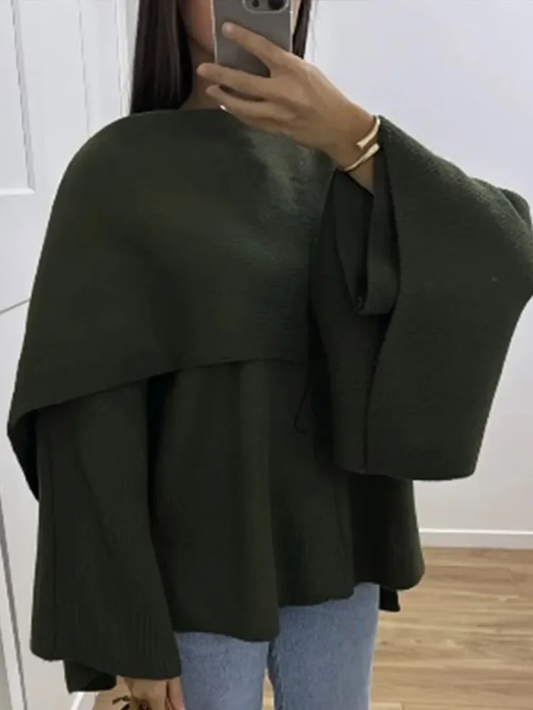 Jersey de punto con cuello de bufanda Borgoña elegante para mujer, suéter holgado de manga larga liso a la moda, prendas de vestir cálidas elegantes para otoño para mujer