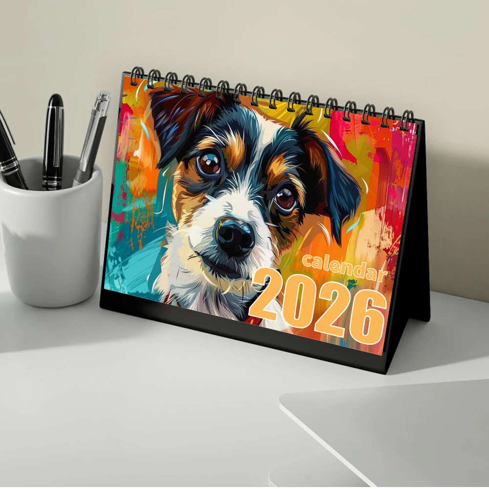 1 قطعة 2026 سنة التقويم خربش الكلب ، مجردة الفنية ، هدية مثالية لأعياد الميلاد عيد الميلاد السنة الجديدة ، مخطط سطح المكتب لمدة 12 شهرًا #4
