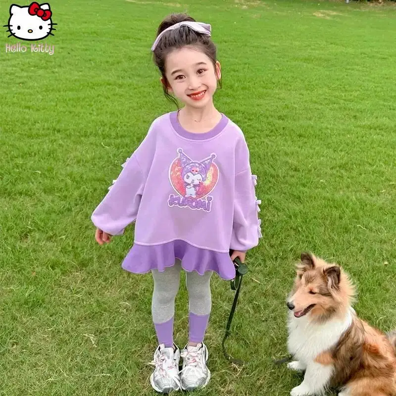 

2Pcs Anime Girls Clothing Sanrio Autumn New Kuromi Cartoon Long Sleeved T-Shirt Skirt Set Fashion Childrens Kawaii Comfort Pants