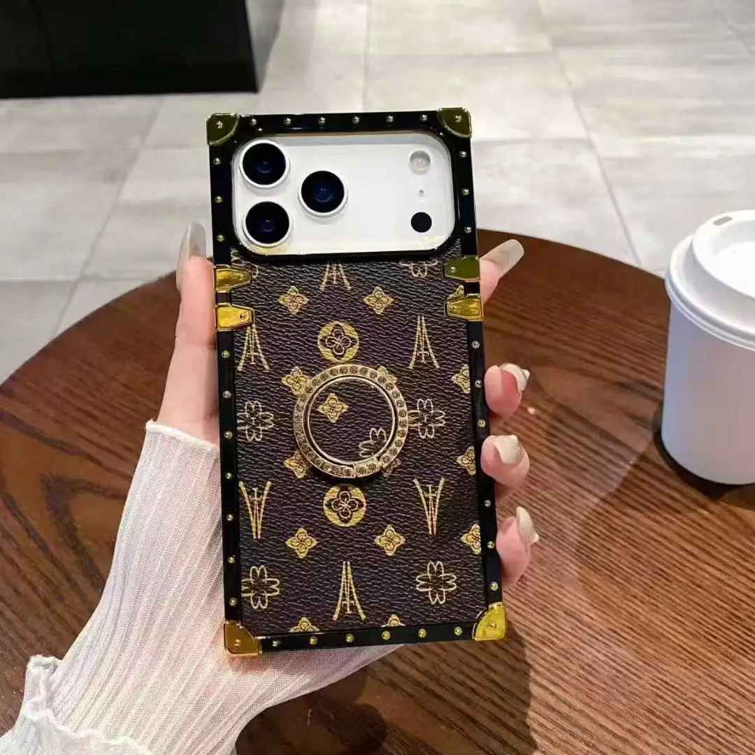 

Fashion Diamond Ring Holder Leather Flower Case For iPhone 17 16 15 14 Plus 13 12 Pro Max 7 8 XR XS Vintage Floral Stand Cover