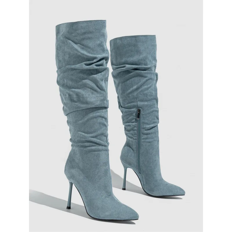 2024 new women's boots pointed suede thigh high pleated side zipper boots fashion fine heel a stirrups women's boots