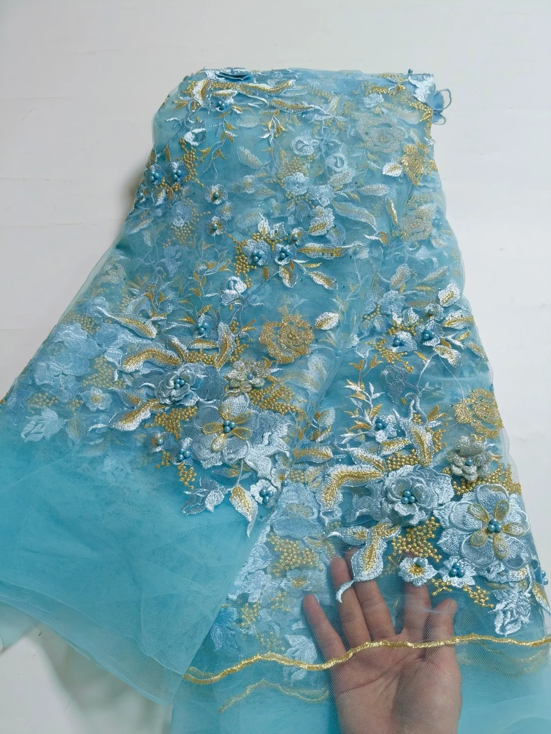 Hot Sales Classic 3D Applique Fabric High Quality Latest African Tulle Mesh Lace with Beads Stones For Wedding Dress NN3899_K