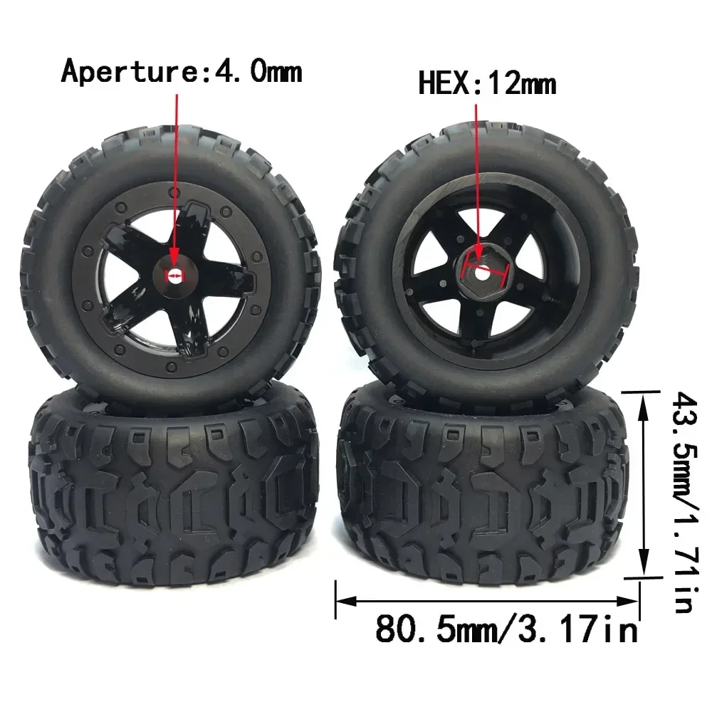 Peças de atualização de tamanho grande, pneus e jantes de 80,5 mm para Wltoys 124018 124019 144001 124017 124016   Carro RC HBX 16889 1/16