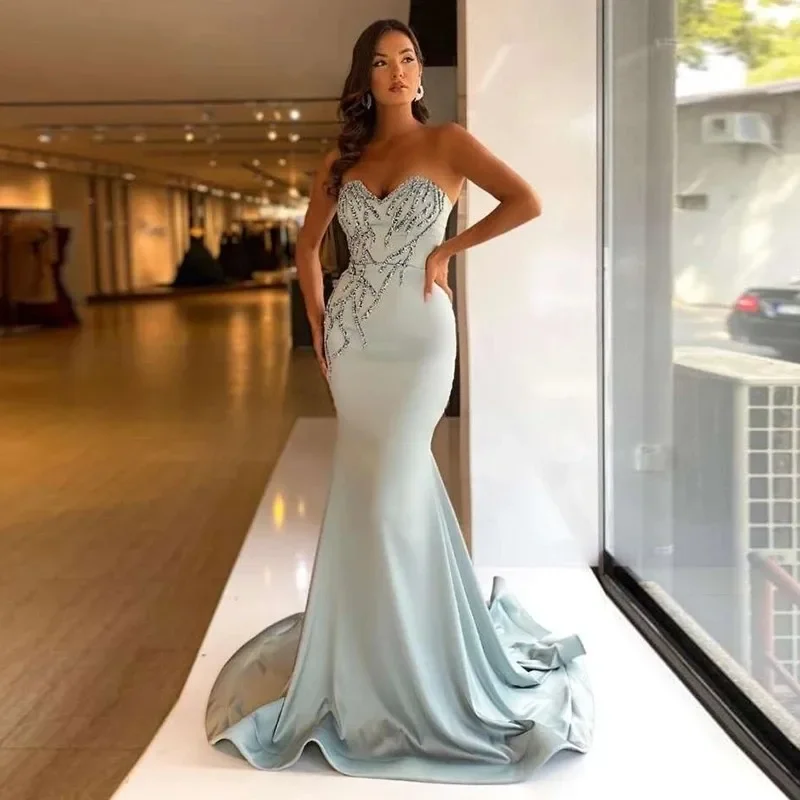 

Romantic Light Blue Mermaid Long Evening Dresses Sweetheart Beading Prom Dress Custom Made Arabic Celebrity Party Gowns