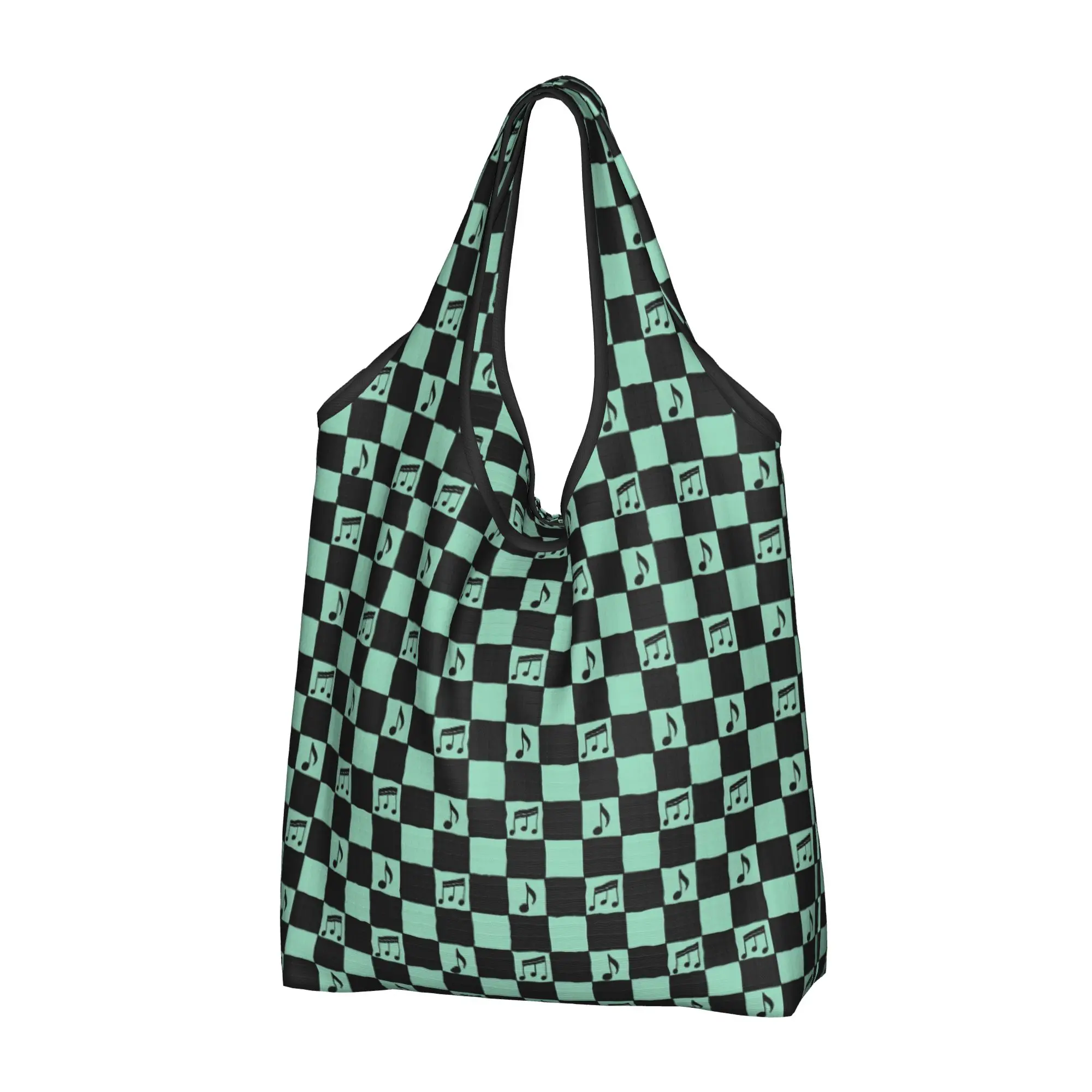 Checkerboard Music Groceries Shopping Tote Bags Women Kawaii  Shopper Shoulder Bags Large Capacity Handbags