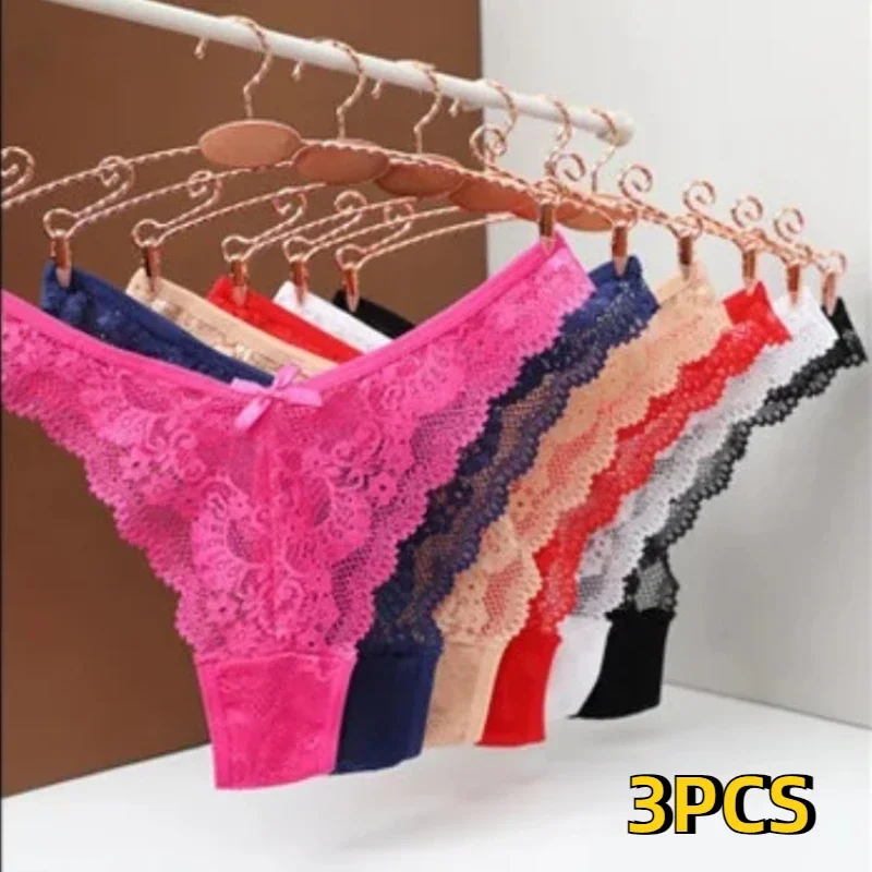 3PCS Sexy Lace Thongs Panties Women Cotton Sole Underpants Invisible T-shaped Pants G-string Low Waisted Tanga Briefs Wholesale