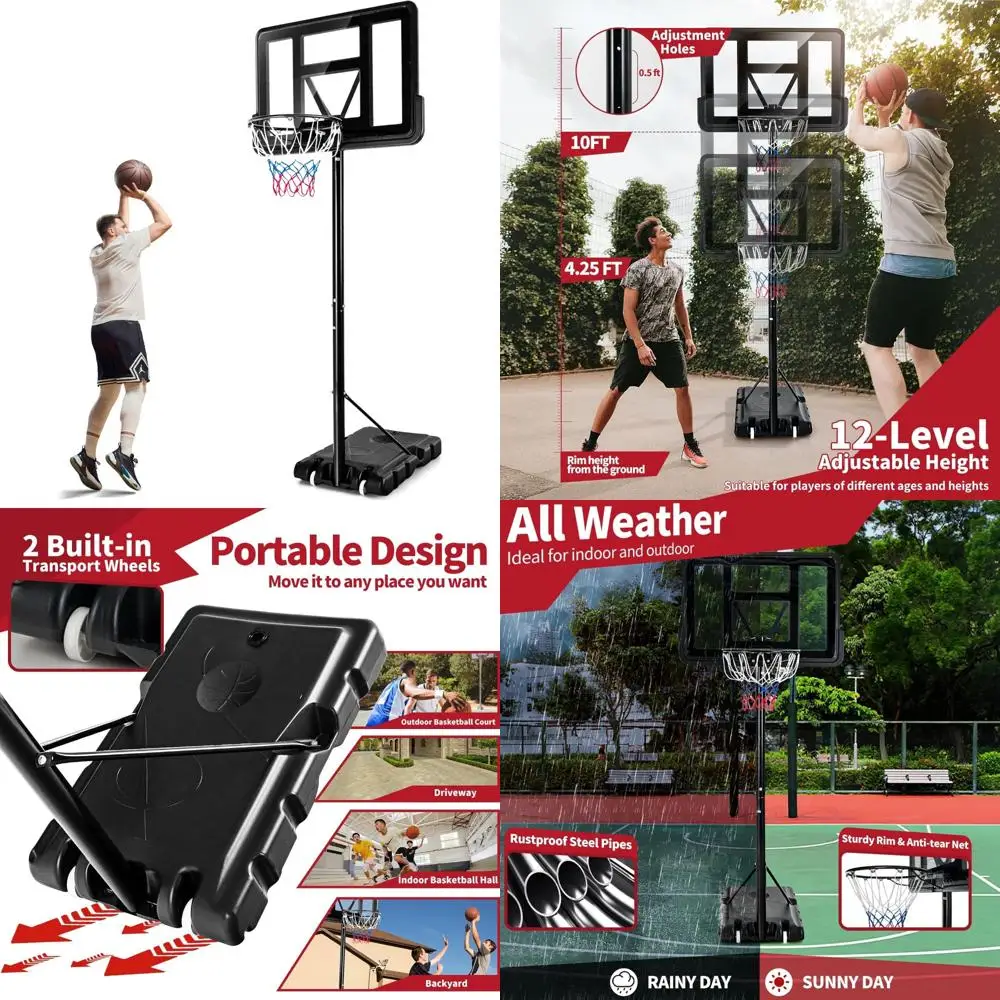 高さ調節可能なバスケットゴールシステム 屋外用 4.25～10フィート、43.5インチの耐衝撃性バックボードとフィラメントで耐久性のあるプレイを実現