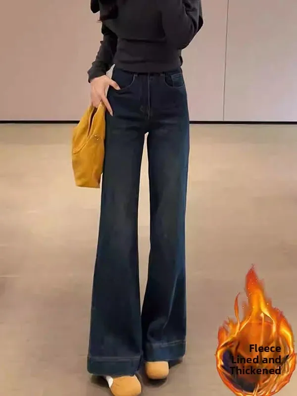 

Retro Blue Fce Lined High Waist Wide Leg Jeans Women's Slim Straight Leg Pants Casual Sle Winter New Arrival