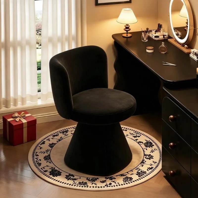 Silla de tocador negra mejorada con respaldo, silla de tocador redonda de diseño, silla de tocador de terciopelo de lujo, muebles de dormitorio