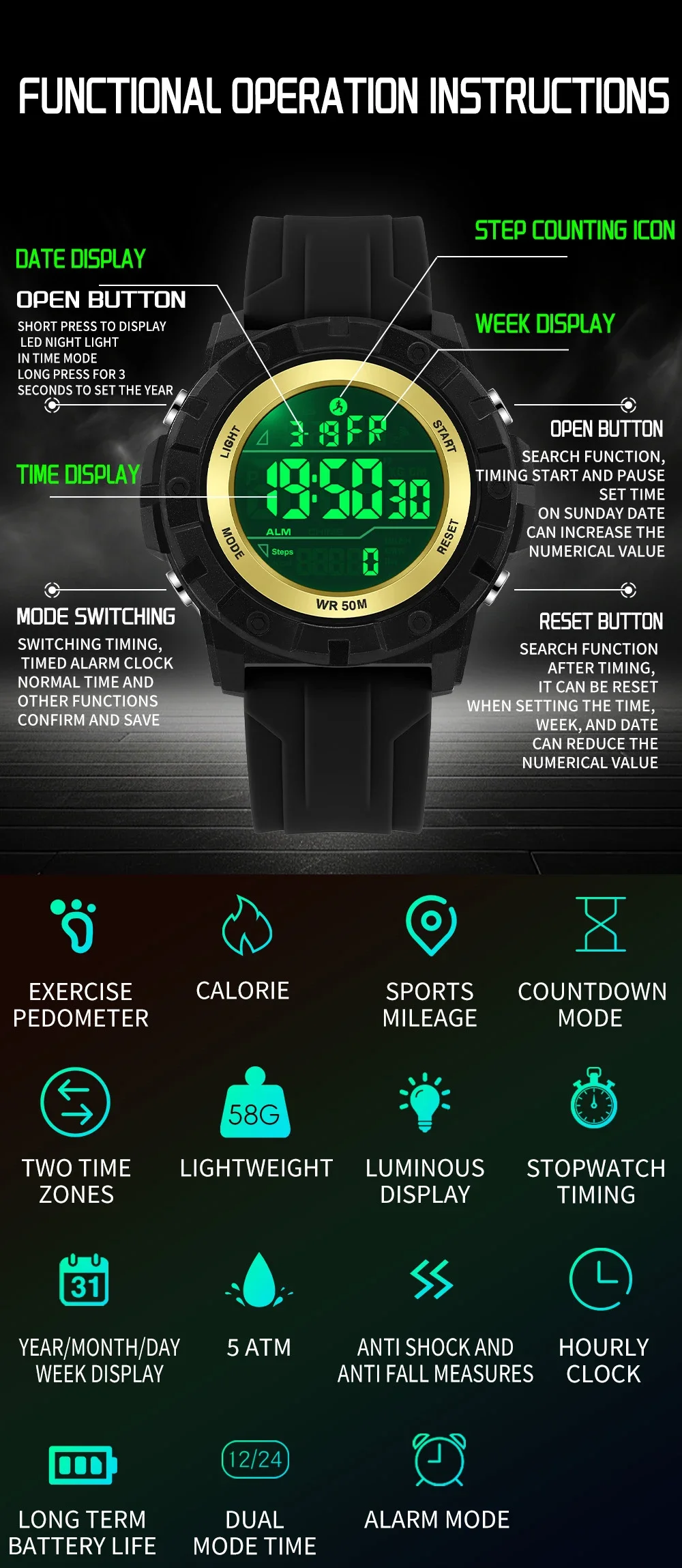 Fashion SANDA 2193 Men's Military Sports Watch Calorimeter Waterproof LED Countdown Alarm Student Digital Watch