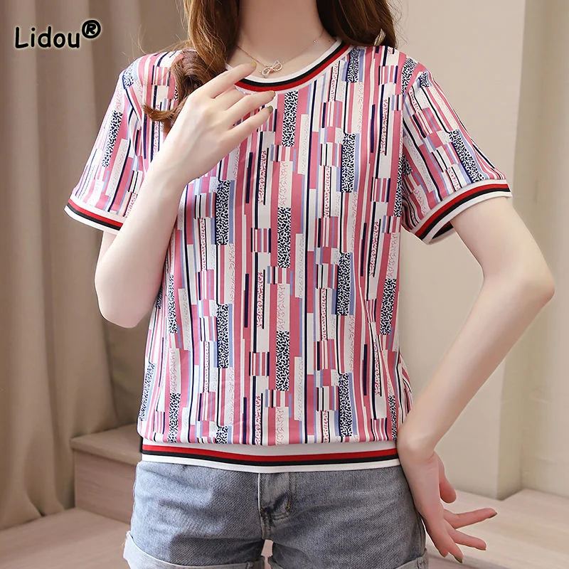 

Korean Women Clothing Geometric Print Short Sleeve Pullover Top Fashion Summer Round Neck Contrast Color Loose Pullover T-Shirt