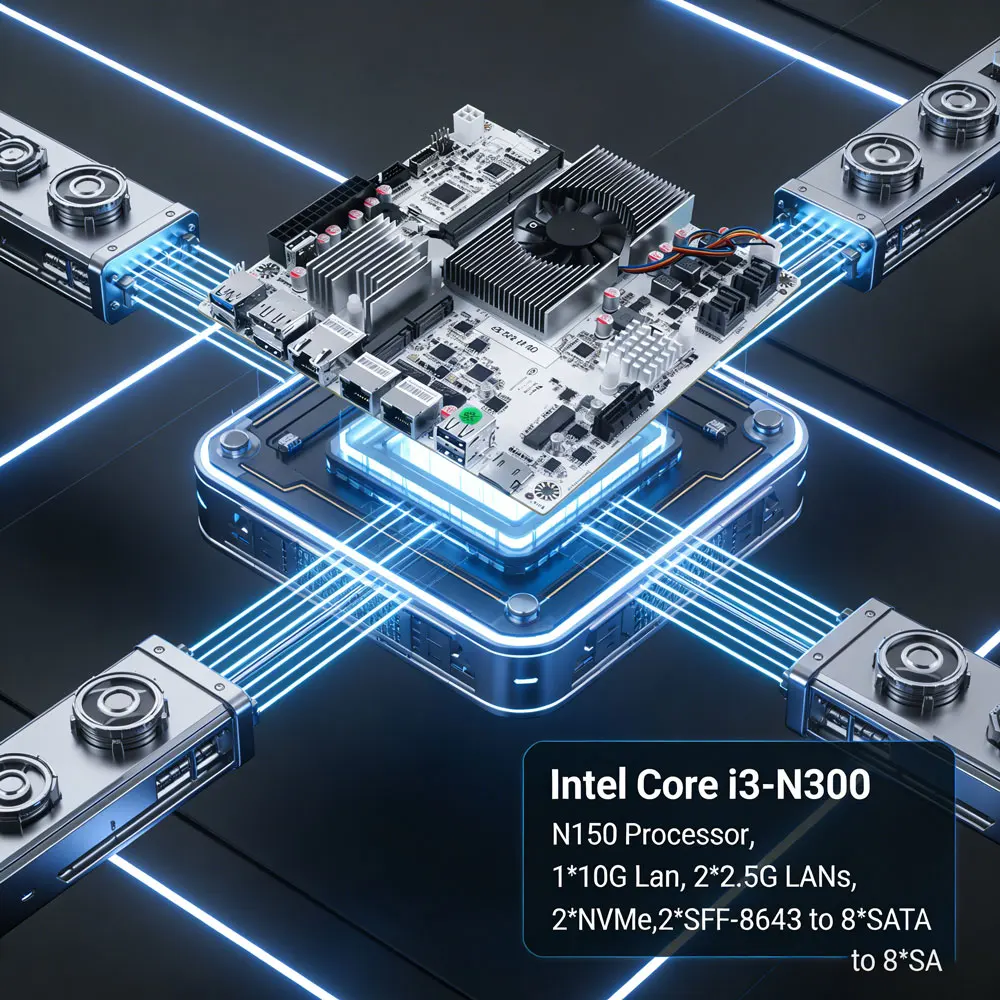 

8-слотовая материнская плата Mini ITX для NAS, Intel Core i3-N300 N150, 1*SO-DIMM DDR5, 2*M.2 NVMe, 8*SATA, 1*10G, 2*2.5G LAN, HDMI+DP, поддержка двух 4K-дисплеев
