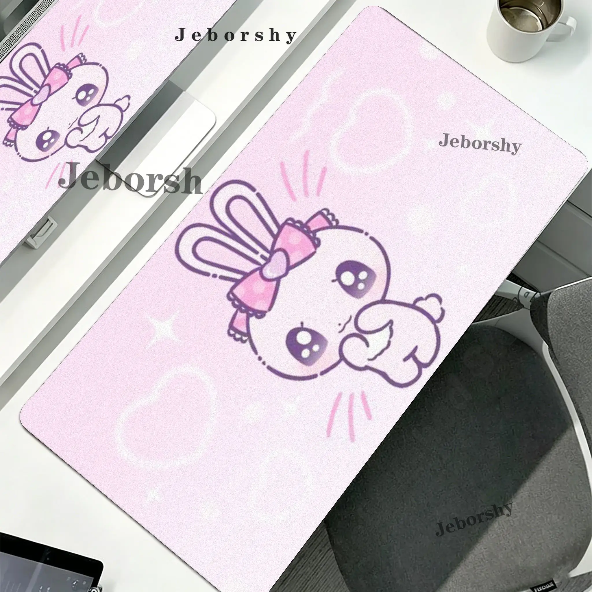 Kawaii Pink Bow Bunny Large Extended Mouse Pad, Pastel Star Moon Cute Cartoon Rabbit Desk Mat, Soft Non-Slip Rubber Keyboard Mat
