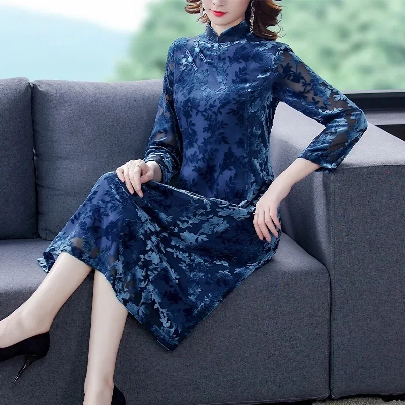 

Spring Fall Women Mandarin Collar 3/4 Sleeve Velvet Cheongsam Dress , Womens Blue Dobby Flower Velour Chipao Dresses