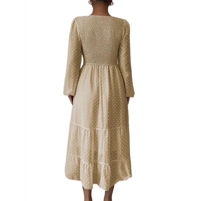 ABRT-robes d'automne pour femmes, manches longues, col rond, taille à pois, en mousseline de soie, à volants, robes mi-longues smockées
