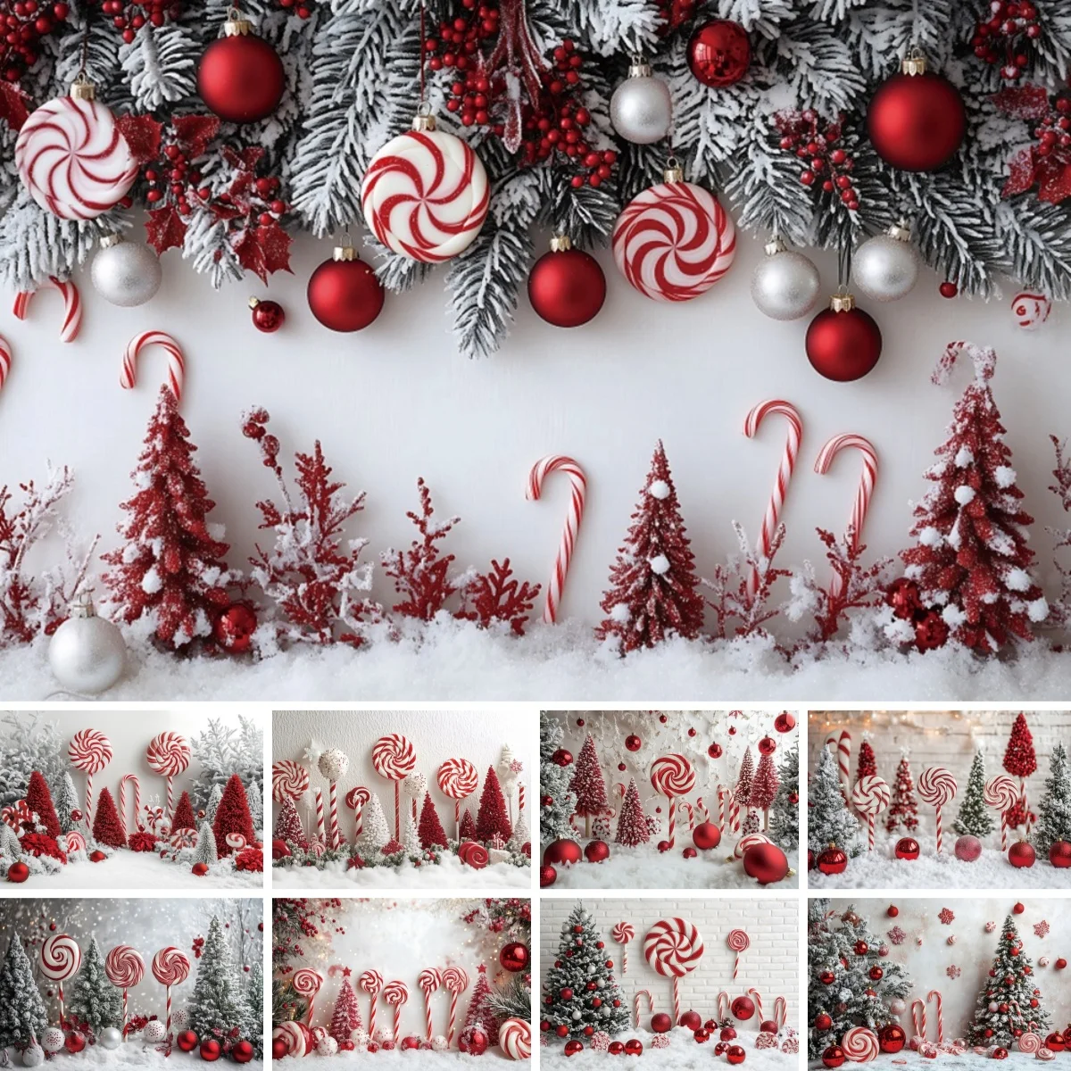 Christmas Photography Backdrop Winter Snowflake Glitter Xmas Tree Red Lollipops Bells Kids Family Xmas Party Photo Background