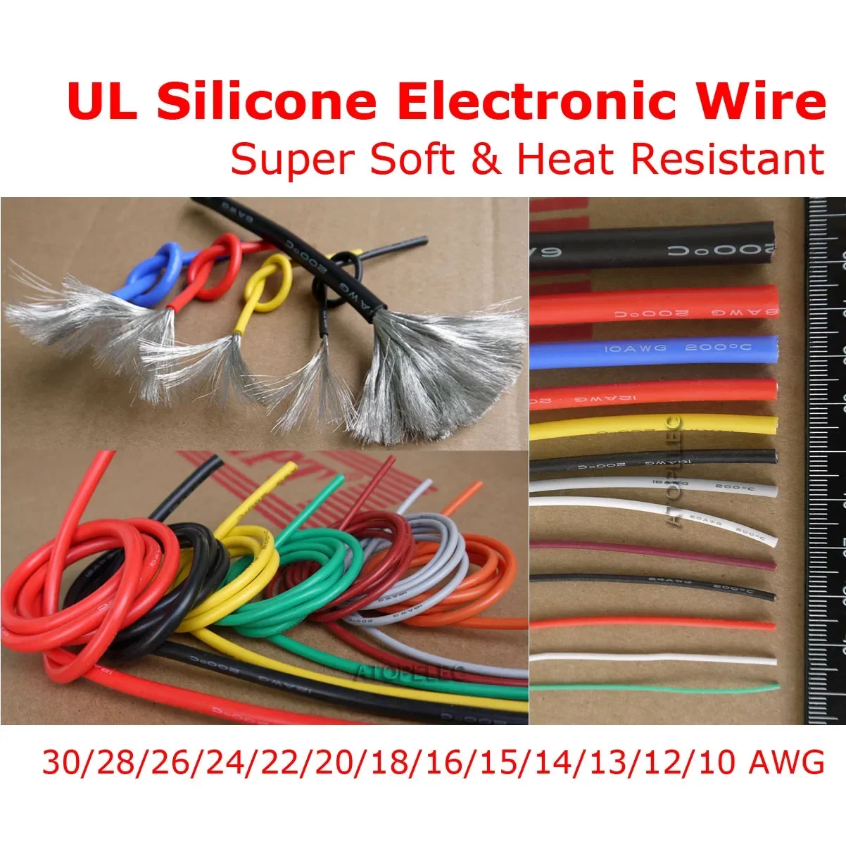 1M Flexible Silicone Wire 30/28/26/24/22/20/18/16/14/12/10 AWG Heat Resistant 200℃ Tinned OFC Copper Super Soft RC Cable UL