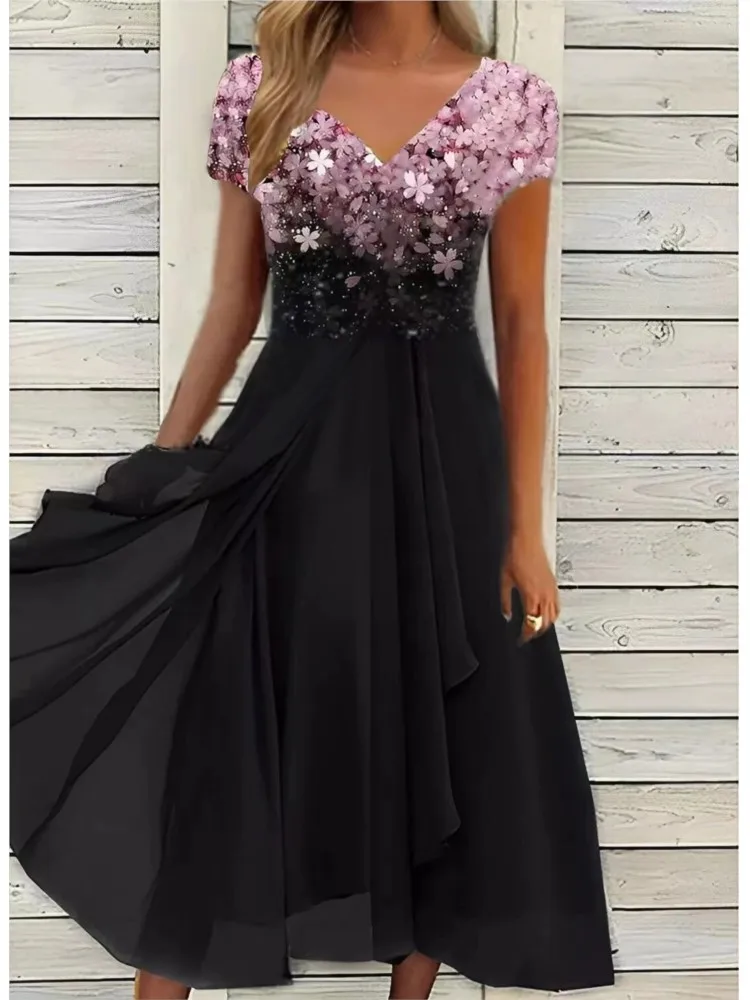 

Summer New Women's Fashion Chiffon Patchwork Print Sexy V-neck Casual Mid Length Short Sleeved Dress