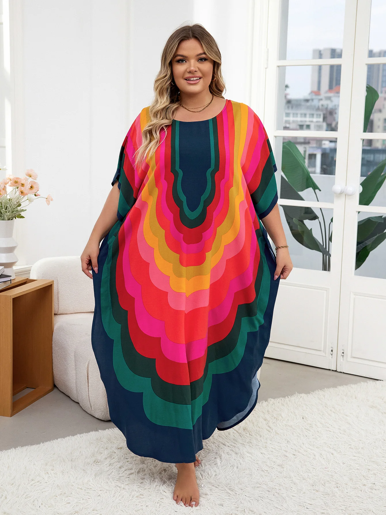 LORYLEI Plus Size kolorowe kobiety Kaftan długa sukienka dla kobiet 2024 letnie casual z okrągłym dekoltem rękaw w kształcie skrzydła nietoperza