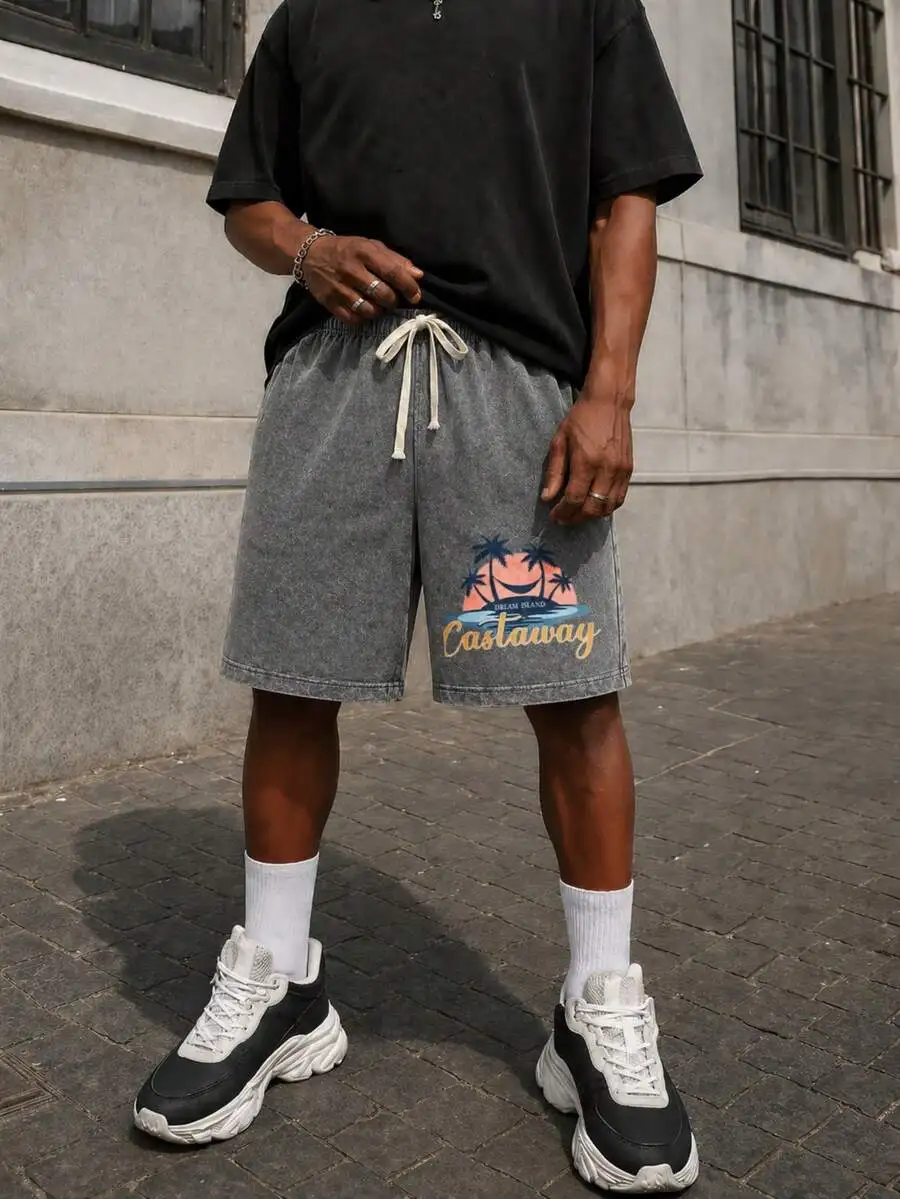 

Men Casual Retro Graphic Print Shorts With Pockets Drawstring Waist Summer Beach Streetwear