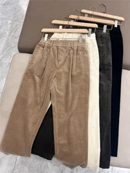 Women Corduroy Long Pants Elastic High Waist Straight Vintage Autumn Winter Tapered Trousers