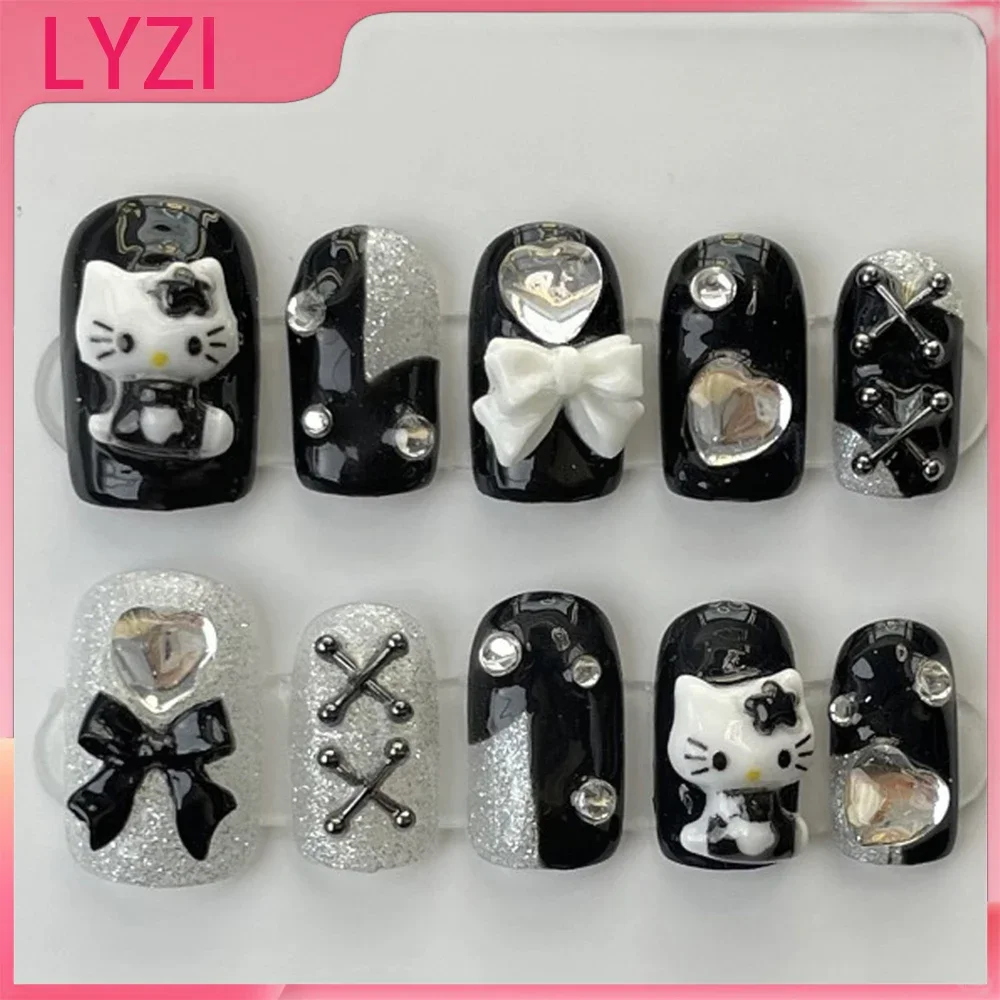 

Fashion Black Y2k Cute Hello Kitty Cartoon Love Bow Handwork Fingernail Girl Accessory Fake Nails Decoration Festivals Gift